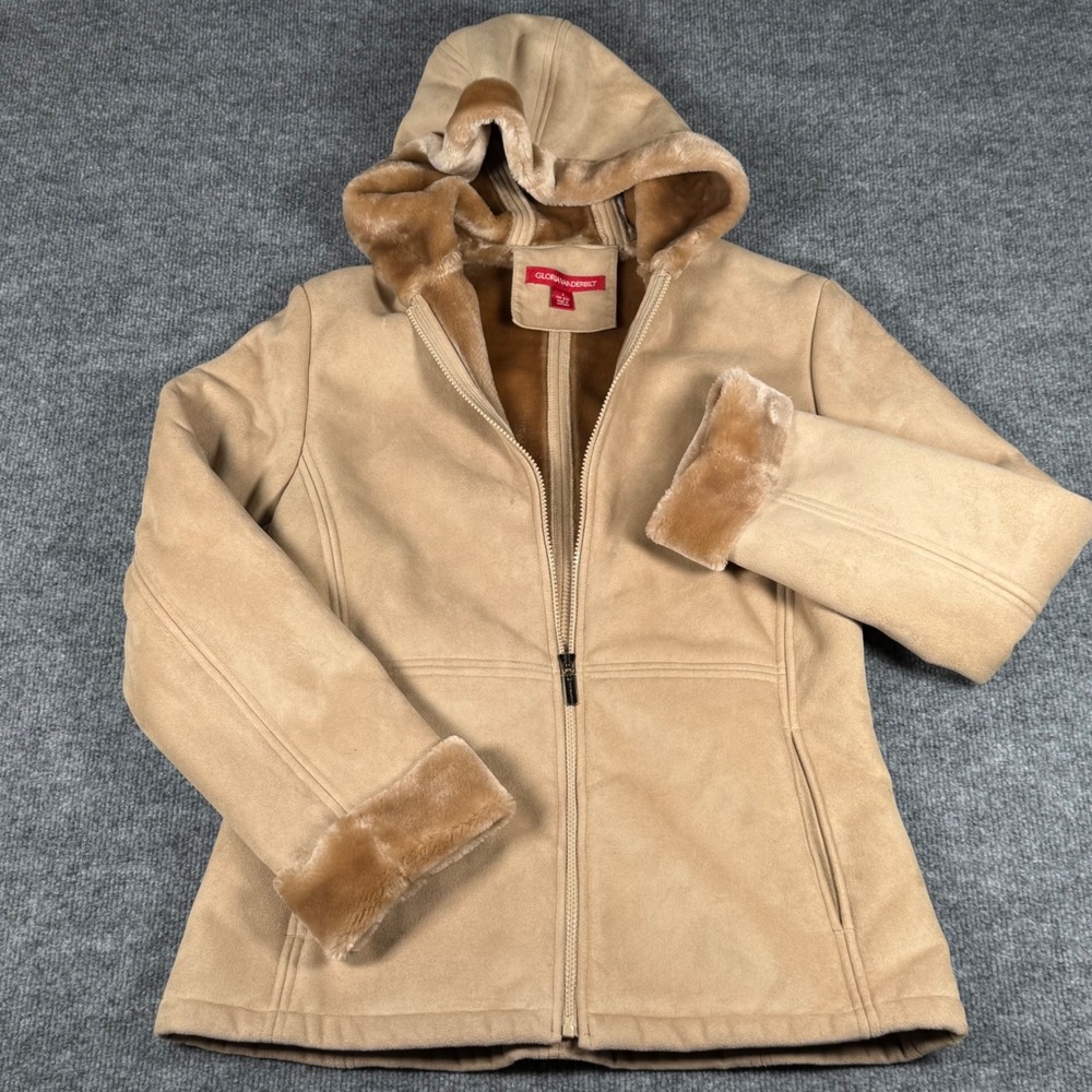 Retro Gloria Vanderbilt Hood Faux Suede Jacket Faux Fur Trim Heavyweight Winter